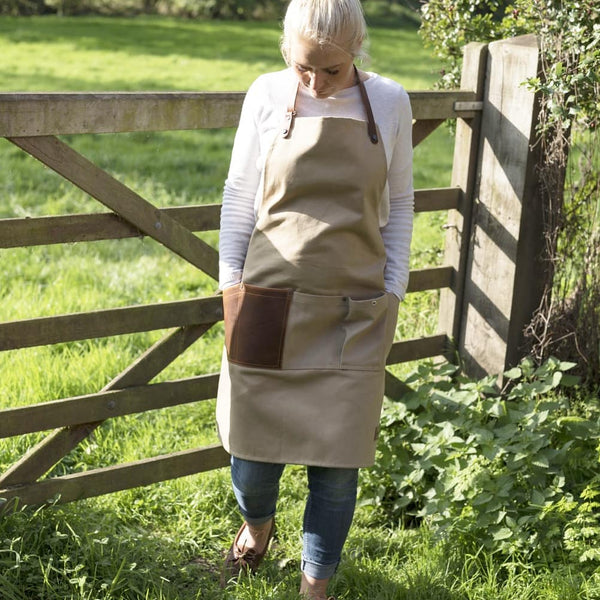 Artisan Apron With Leather Pocket Khaki Canvas