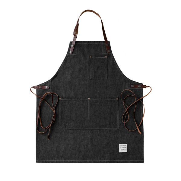 The Street Denim Apron With Leather Straps Black