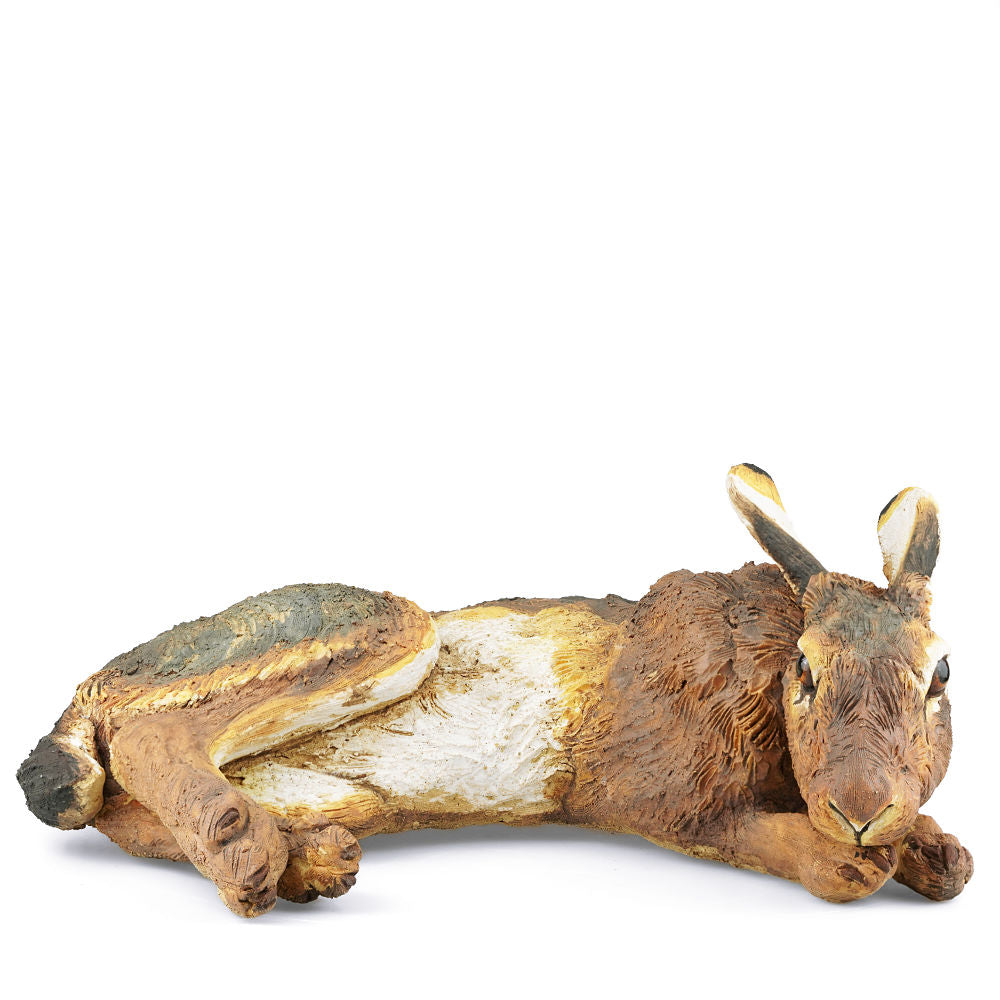 Adult Summer Hare Ceramic Sculpture Reclining Ears Down