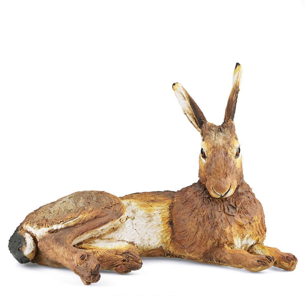 Adult Summer Hare Ceramic Sculpture Reclining Ears Up