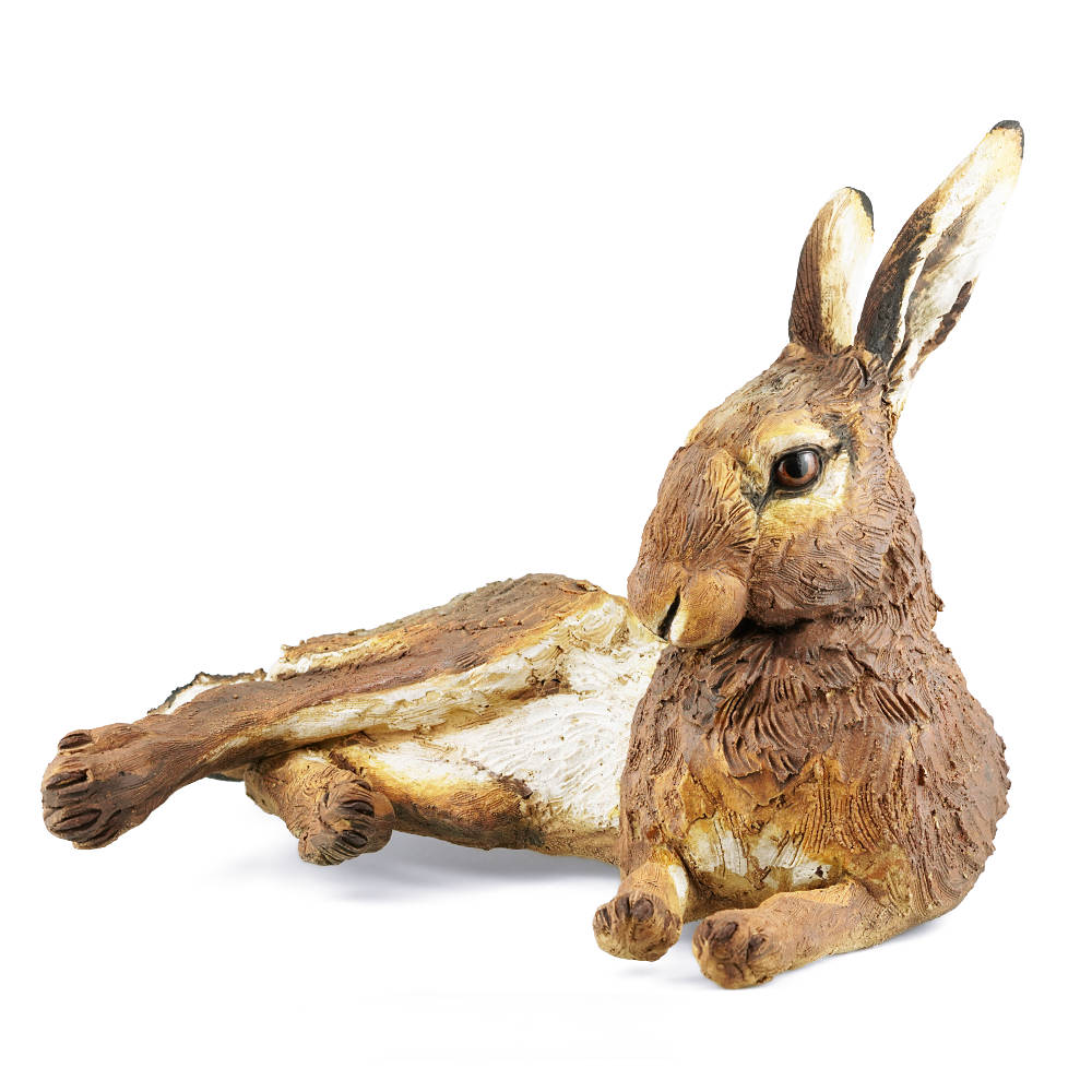 Adult Summer Hare Ceramic Sculpture Reclining Ears Up