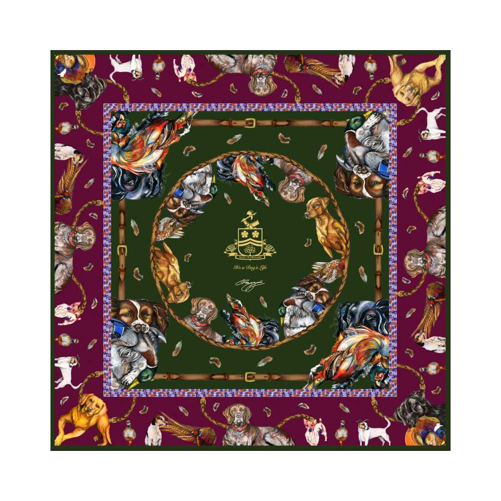 It's a Dog's Life Large Square Silk Scarf Hunter Green & Oxblood
