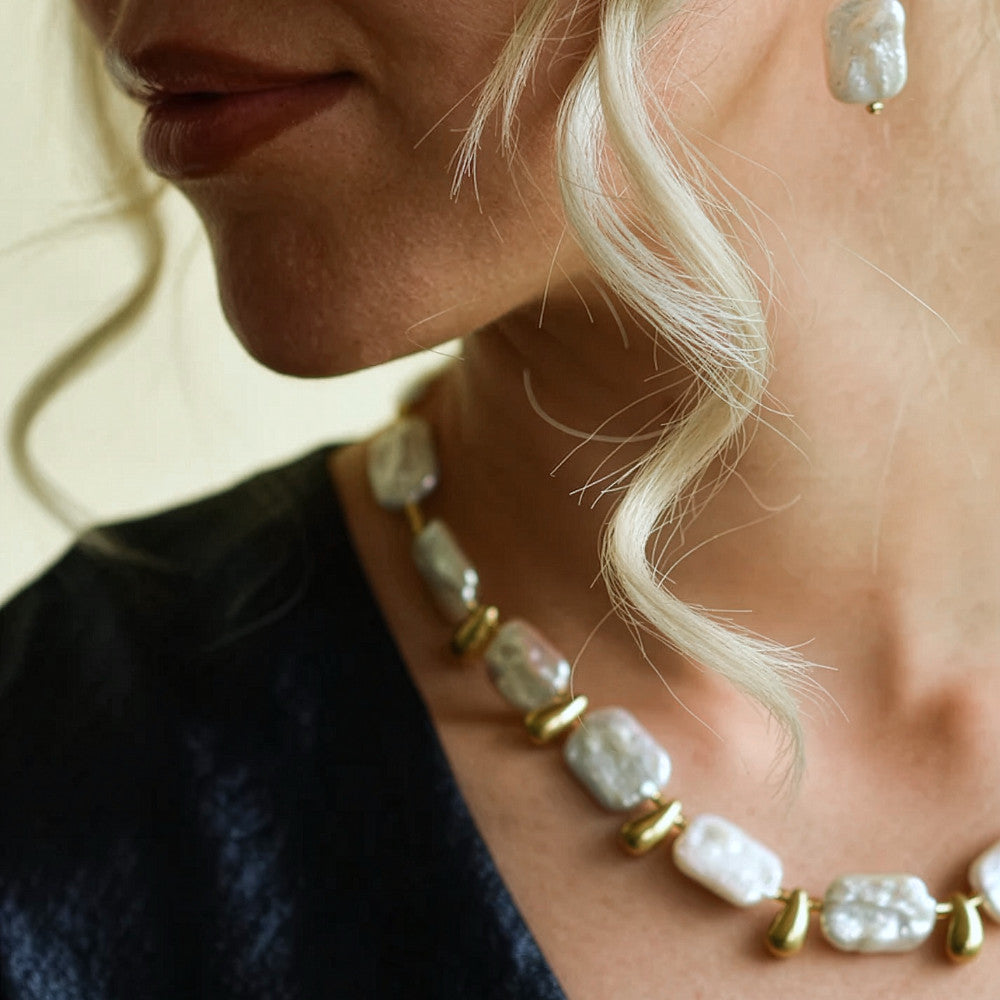 Keshi Pearl Necklace With 18k Gold Plated Drops