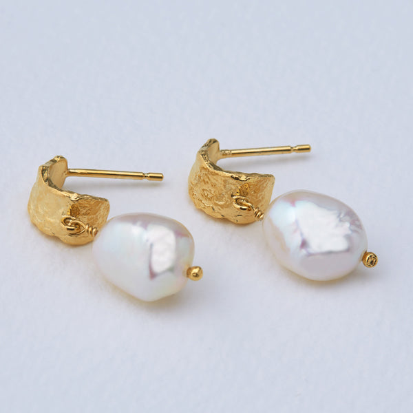 Bark With Baroque Pearls Huggie Hoops Earrings