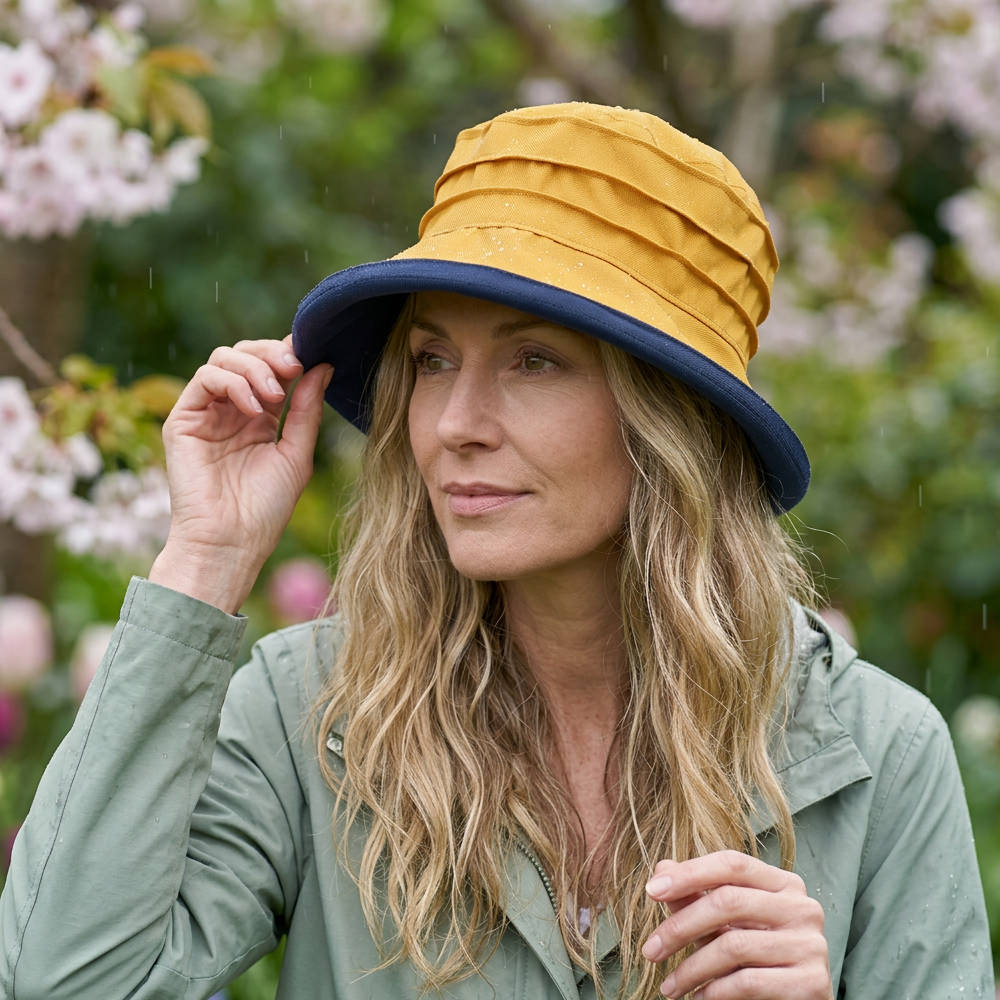 Matilda Packable Rain Hat Ochre Navy