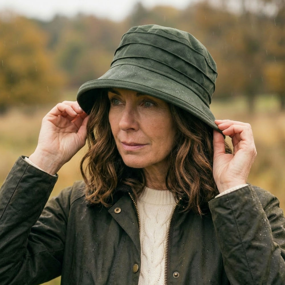 Penelope Cloche Rain Hat Waxed Cotton Green