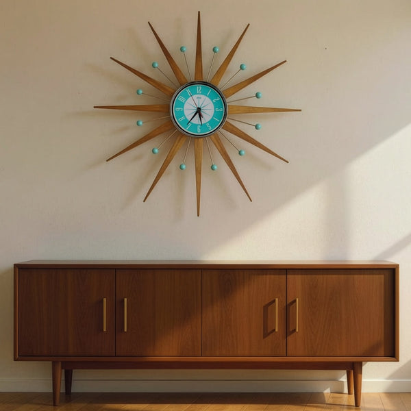 Starburst Mid Century Modern Wall Clock Turquoise