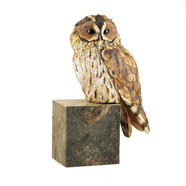 Tawny Owl Ceramic Sculpture On Wooden Block