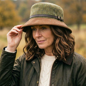 Harriet Waxed Cotton British Tweed Rain Hat