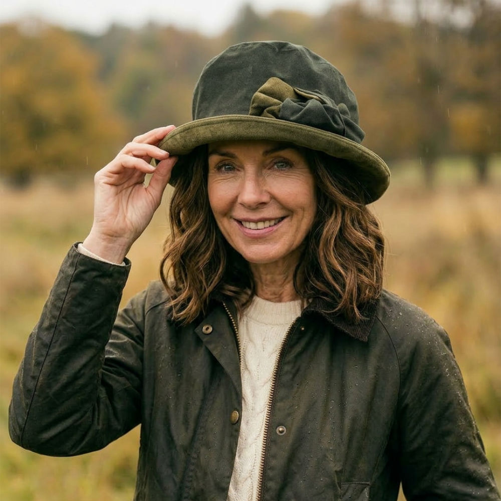 Victoria Rain Hat With Suede Bow Olive Green