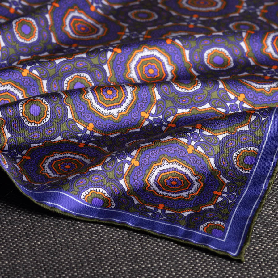 Whirligig Medallion Silk Pocket Square Blue Orange