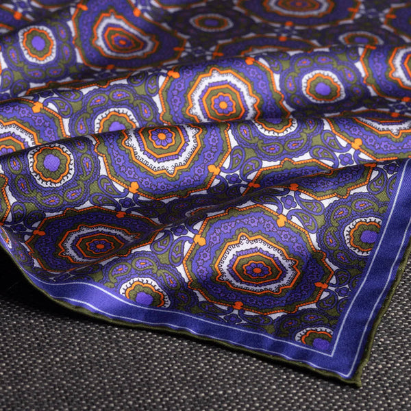 Whirligig Medallion Silk Pocket Square Blue Orange