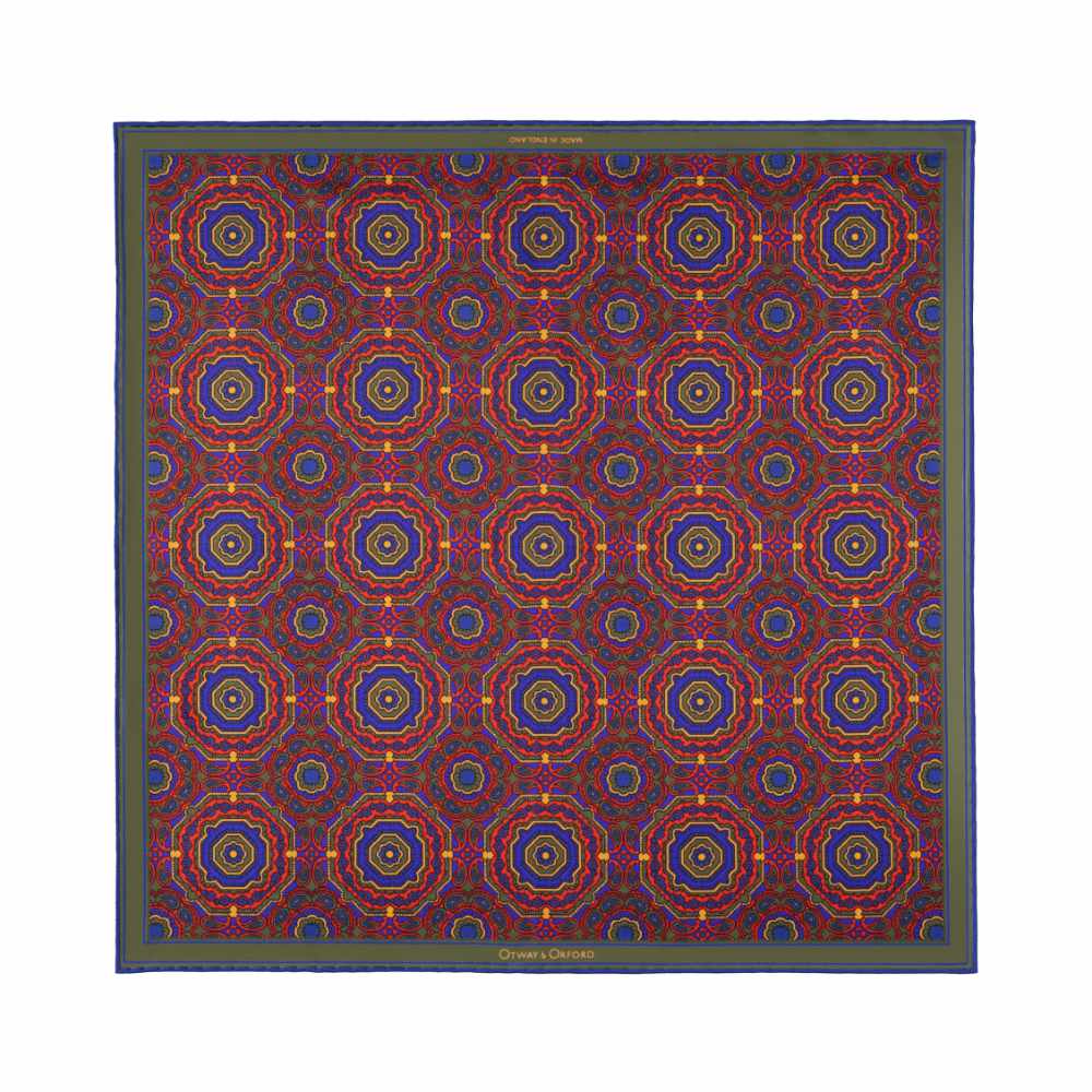 Whirligig Medallion Silk Pocket Square Red Green