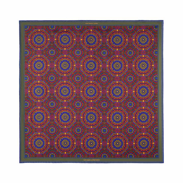 Whirligig Medallion Silk Pocket Square Red Green