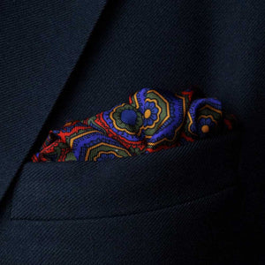 Whirligig Medallion Silk Pocket Square Red Green